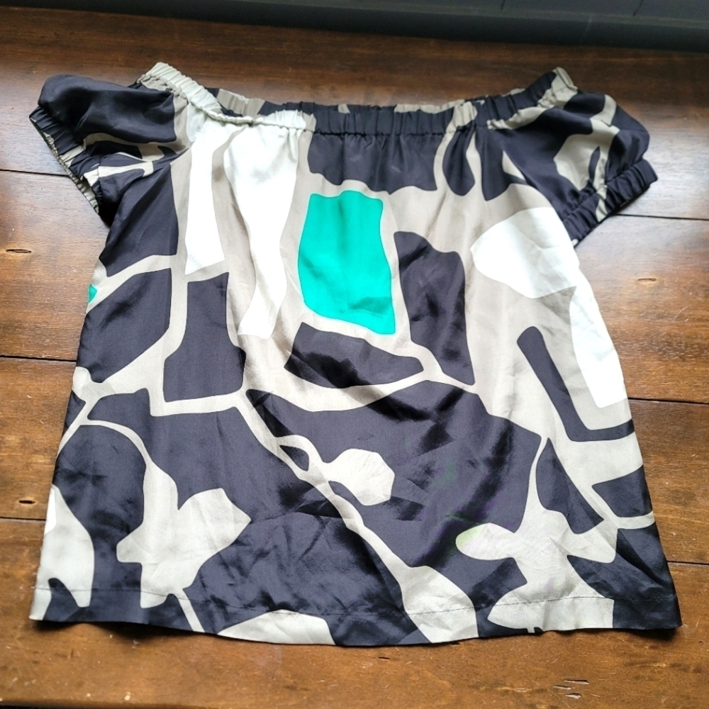 y2k Theory 100% Silk Geometric Off Shoulder Blouse sz M Black Kelly Green